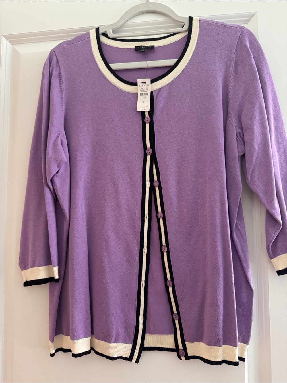 Talbots Lavender Cardigan with Cream and Navy Trim